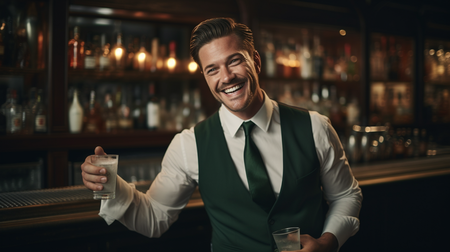 Smiling brunette bartender shaking cocktail shaker