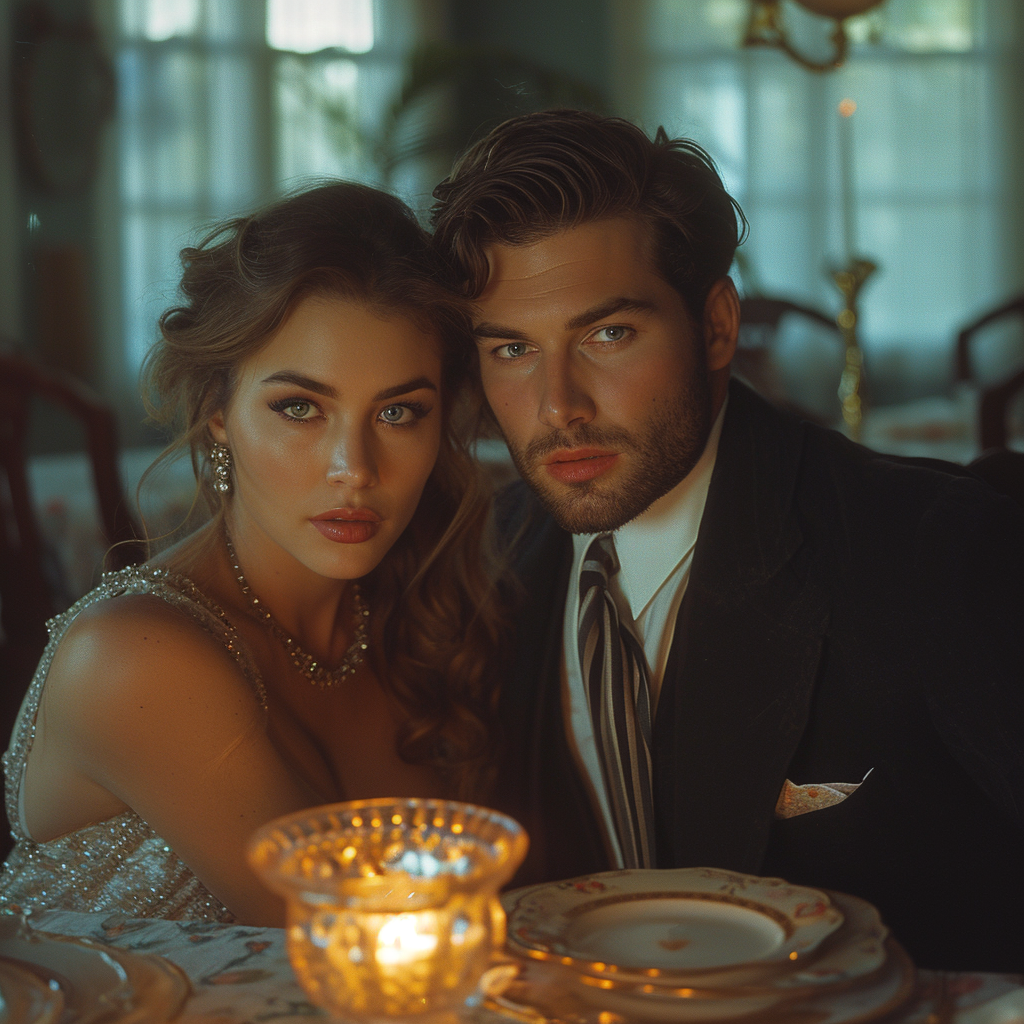 Caucasian couple in evening clothes sitting at table