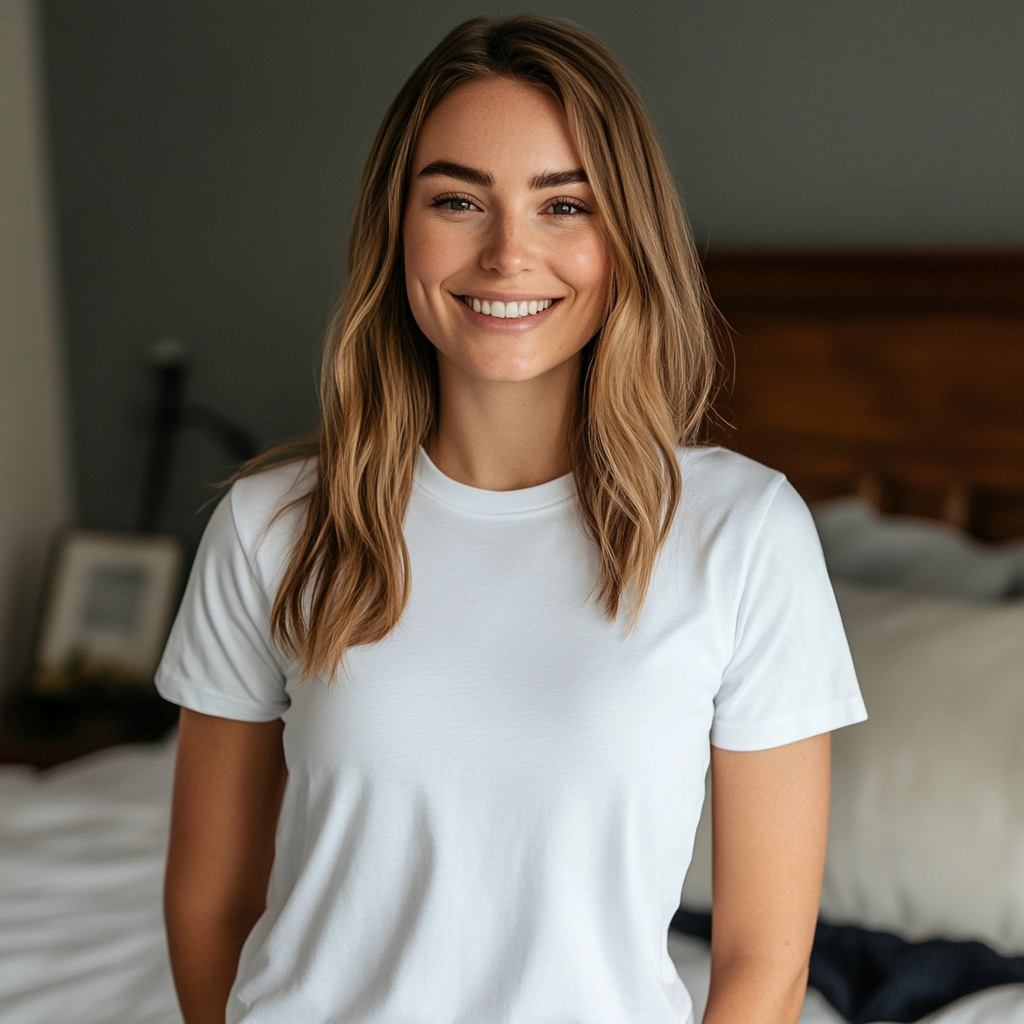 Caucasian female model white t-shirt smiling