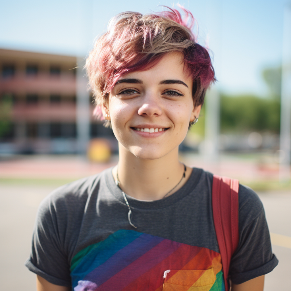 Caucasian female university student with rainbow flag logo