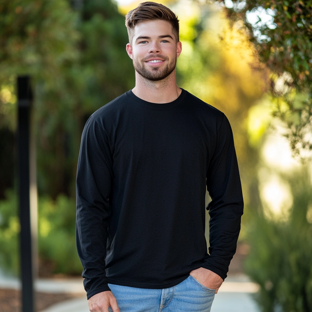 Caucasian male model in black t-shirt