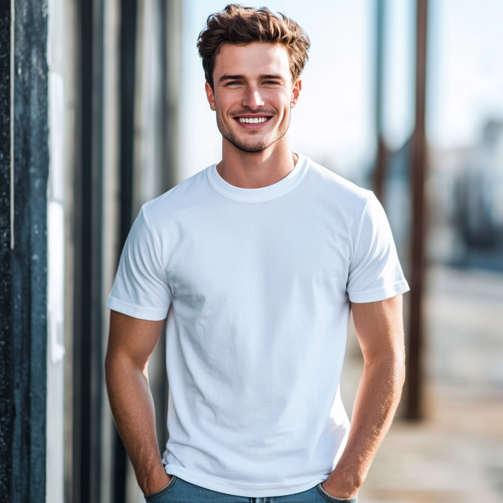 Caucasian male happy in white shirt