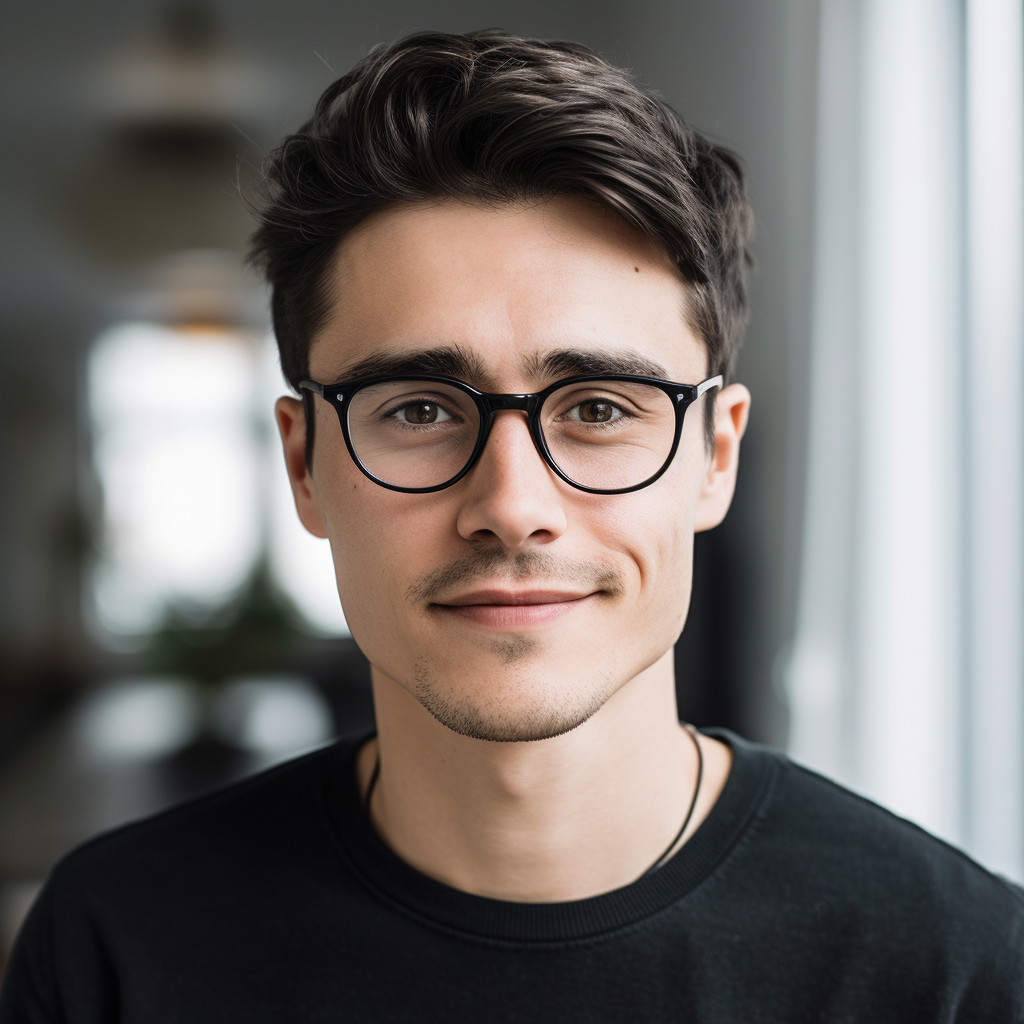 Caucasian Man with Stylish Black Hair and Round Glasses