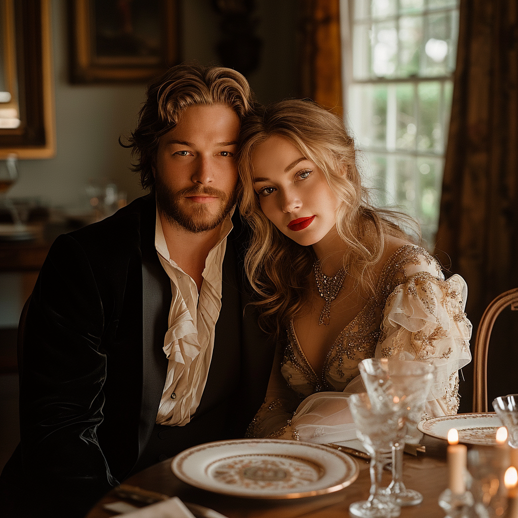 Caucasian couple sitting at table in evening clothes