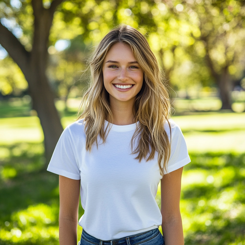 Caucasian Female Model White T-Shirt Park