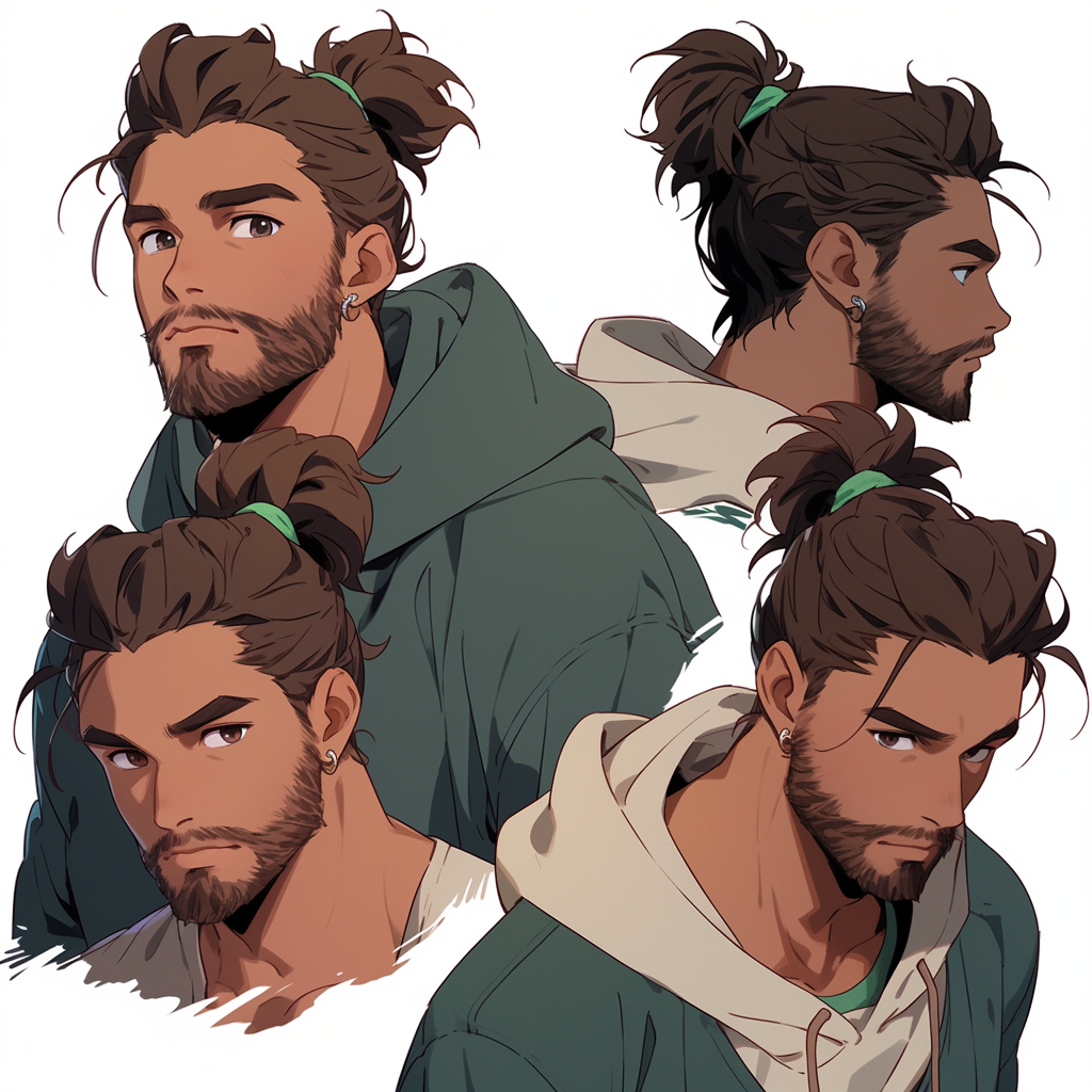 Caucasian male with brown man bun in anime style