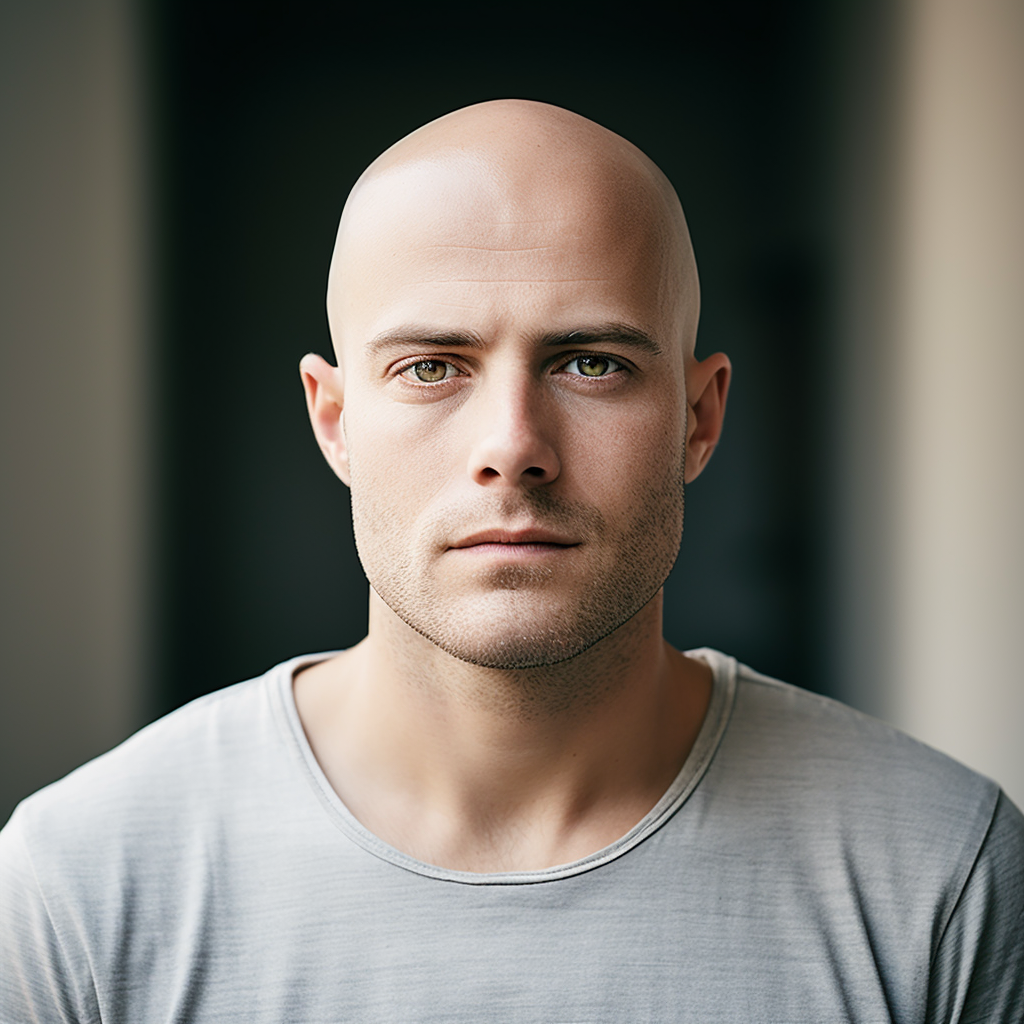 Caucasian male with shaved head wearing grey t-shirt