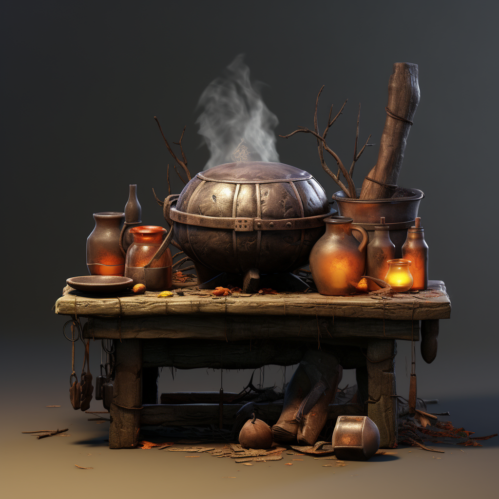 Artistic cauldron with bench and potions