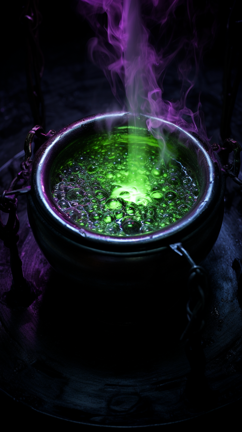 Bubbling cauldron with green liquid