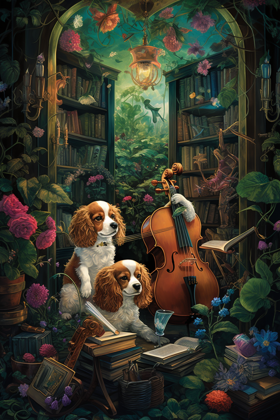 Well-dressed Cavalier King Charles Spaniel Dogs with Saxophones