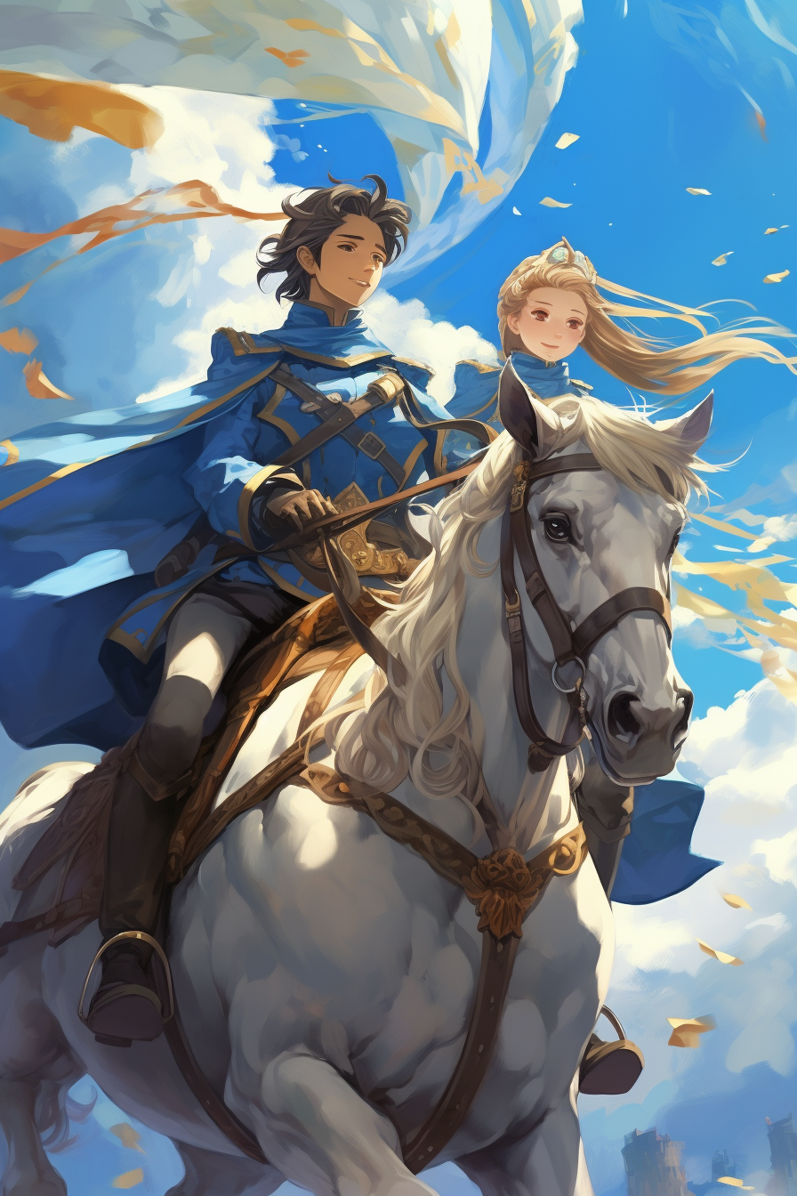 Cavalry boy and girl riding into battle