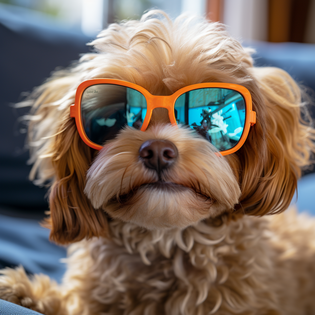 Adorable Cavapoo wearing California vibe sunglasses in Arktura interior