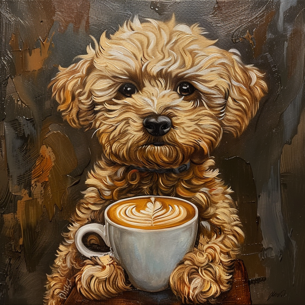 Cavapoo holding coffee cup latte