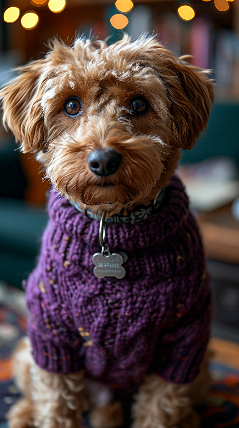 Cute cavapoo in purple sweater working on computer