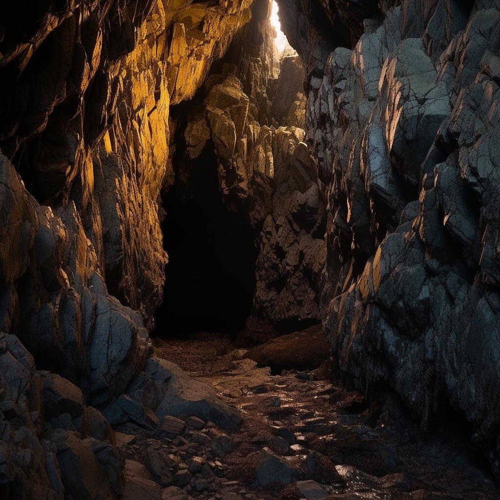 Entrance to a cave blocked by rocks