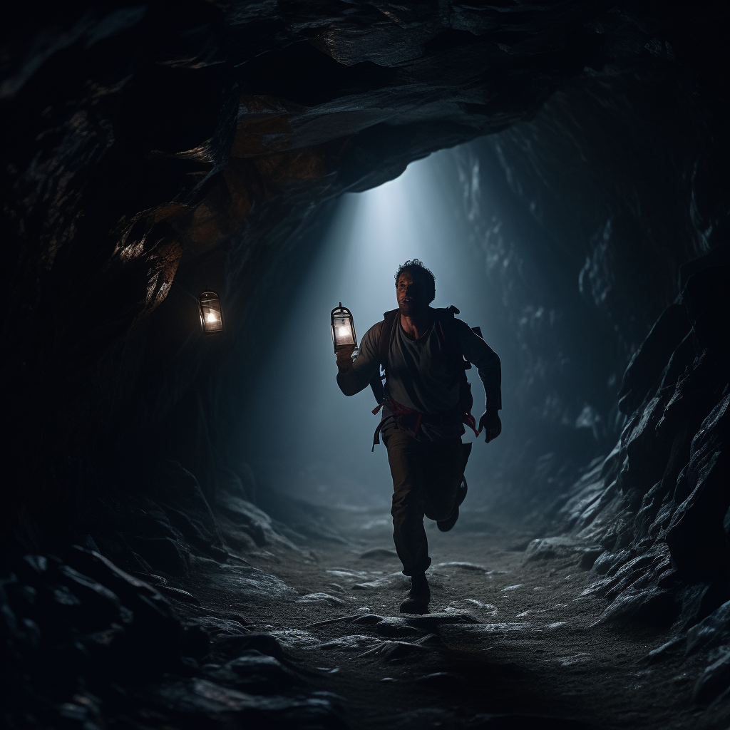 Man running in dark cave with lantern