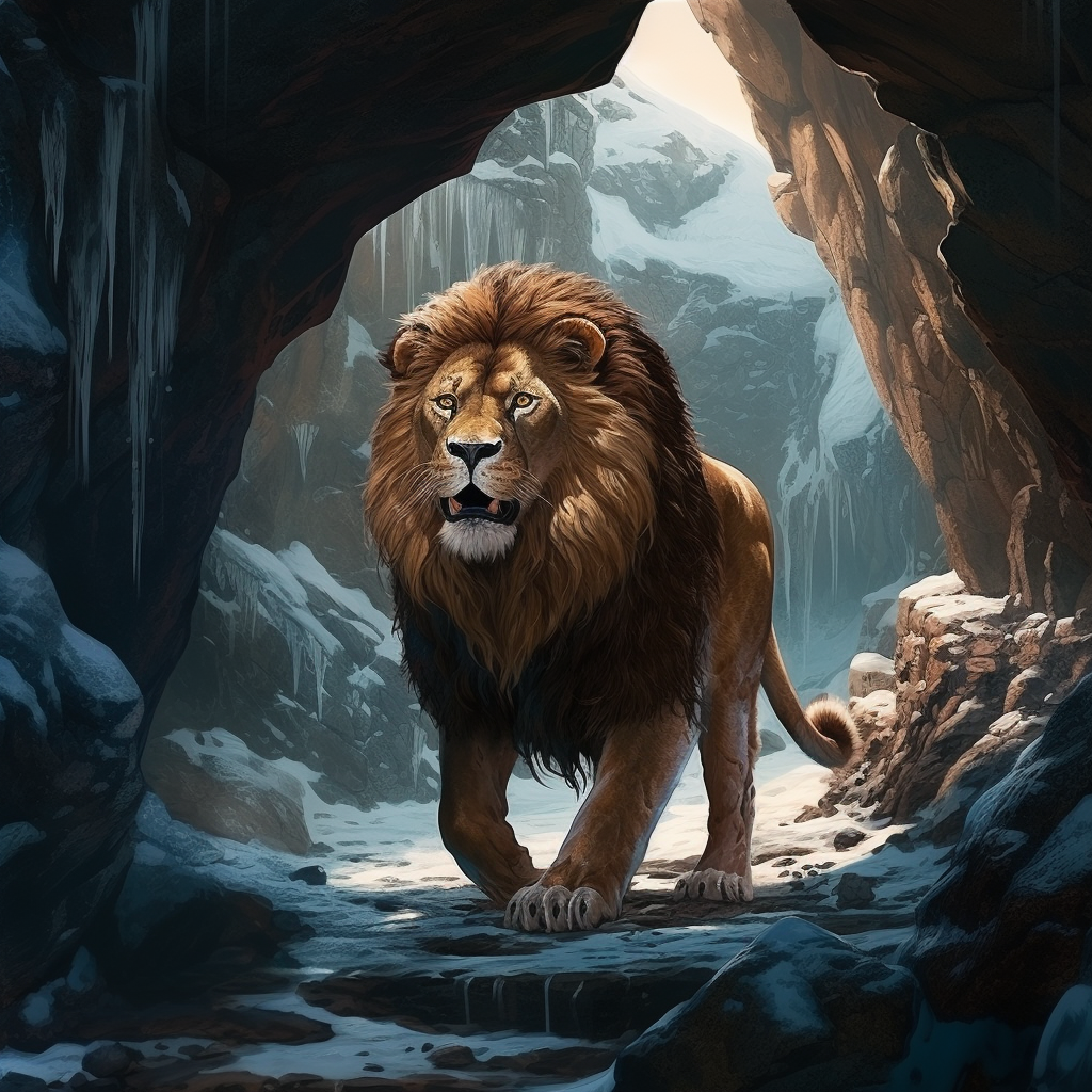 Illustration of cave lion in snowy landscape