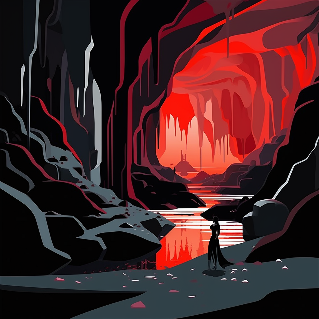 Vibrant cave scene with red lighting