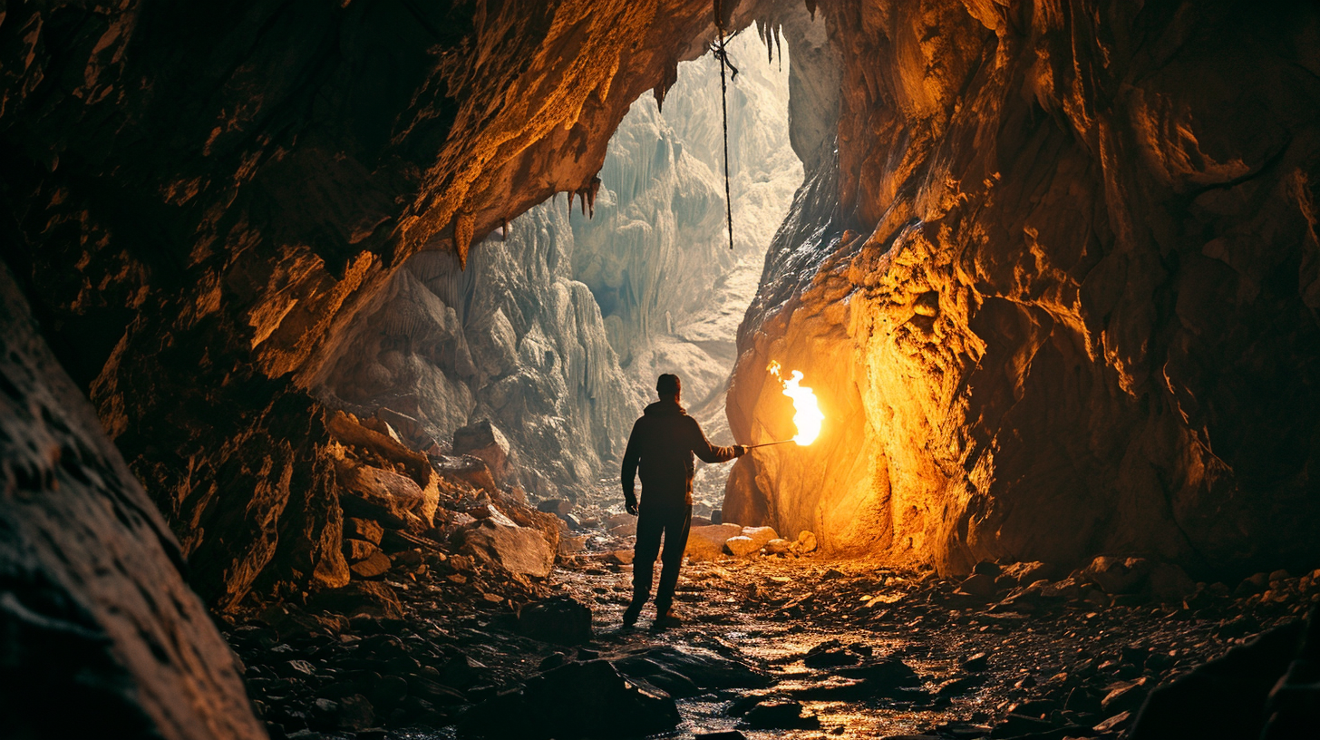 Man holding a torch creating captivating shadows