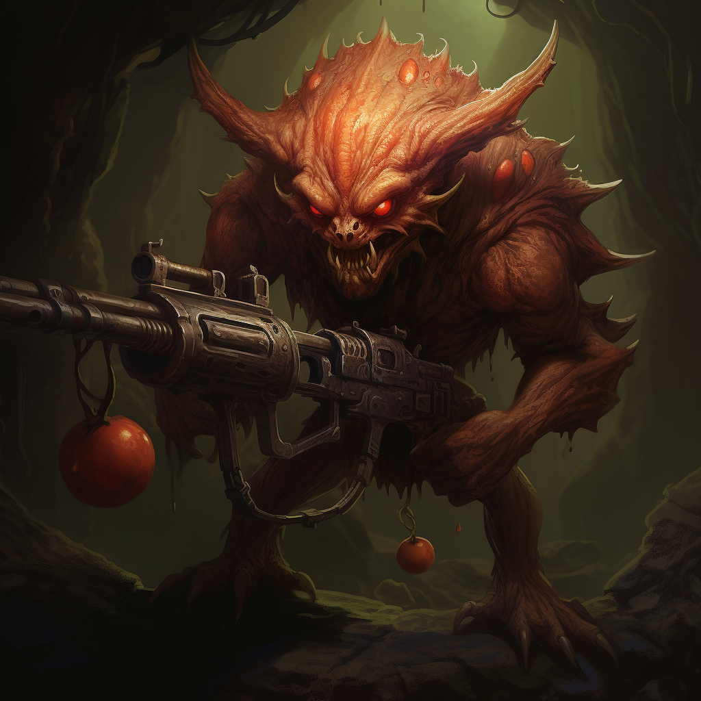 Apple-shaped cave demon holding shotgun