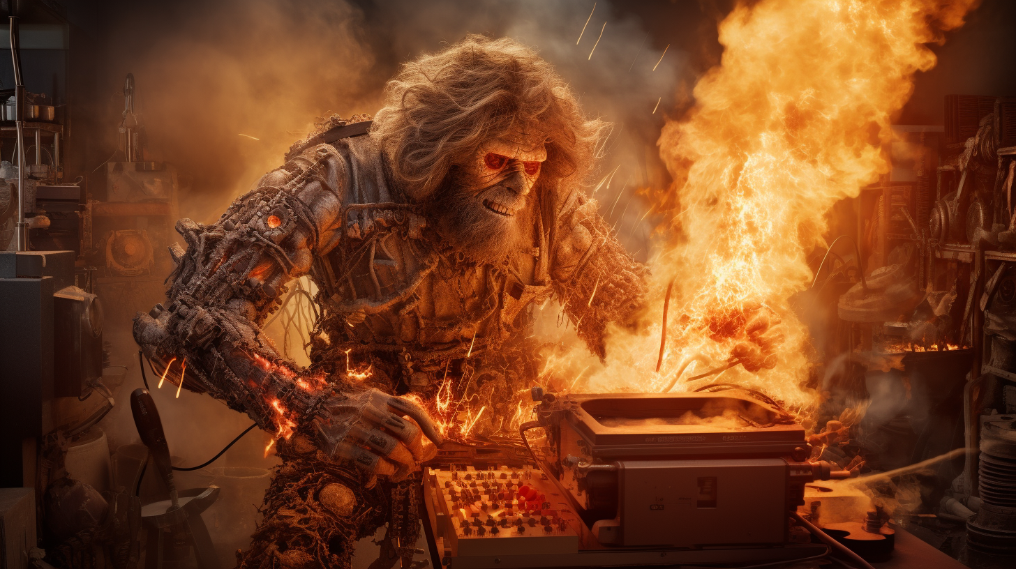 Caveman transforming into AI Robot with fire