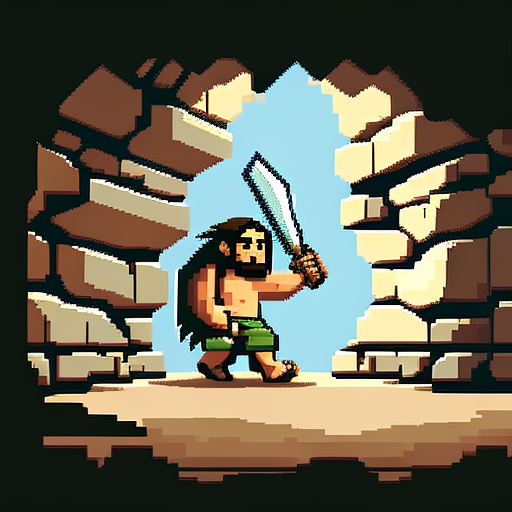 Cute caveman leaving cave with spear