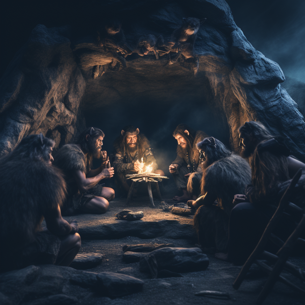 Cavemen gathering in dark cave