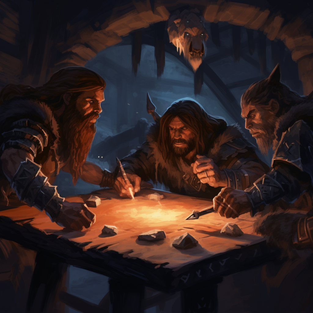 Cavemen playing game of dungeons and dragons