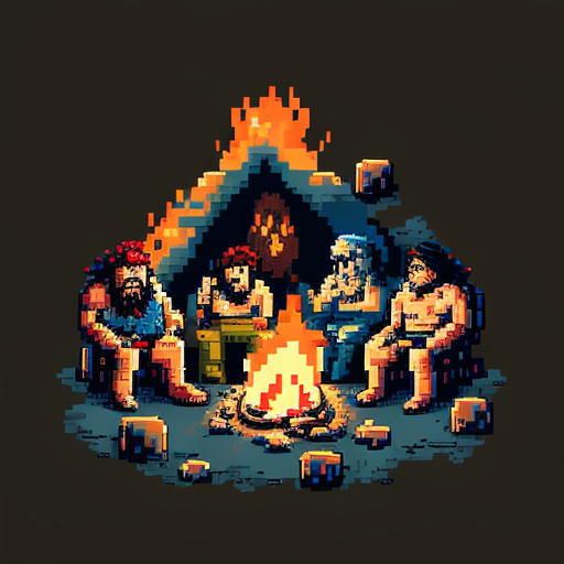 Cavemen sitting around bonfire