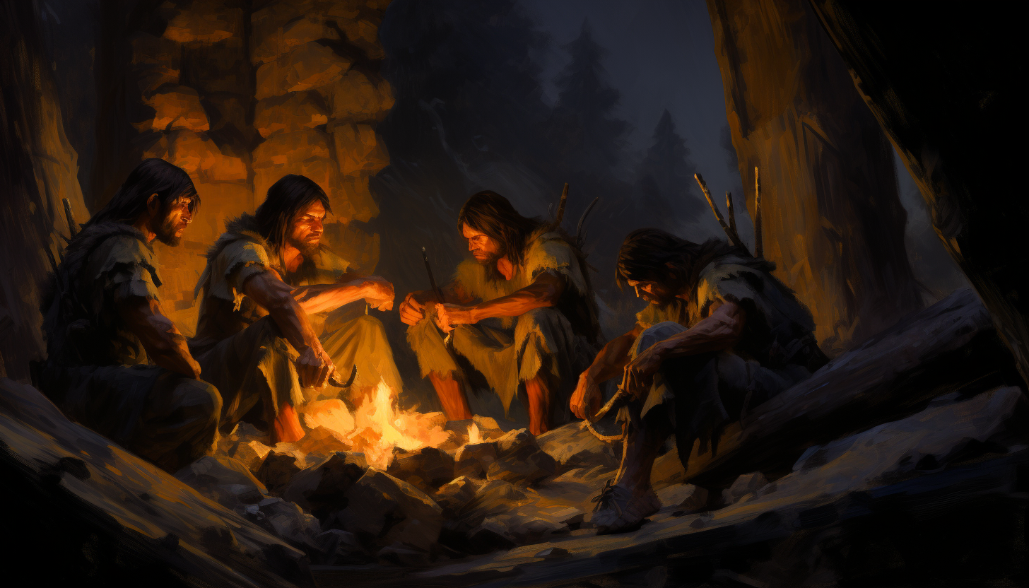 Cavemen Sitting Around Fire with Shadows