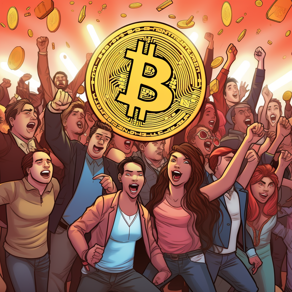 People celebrating around bitcoin logo