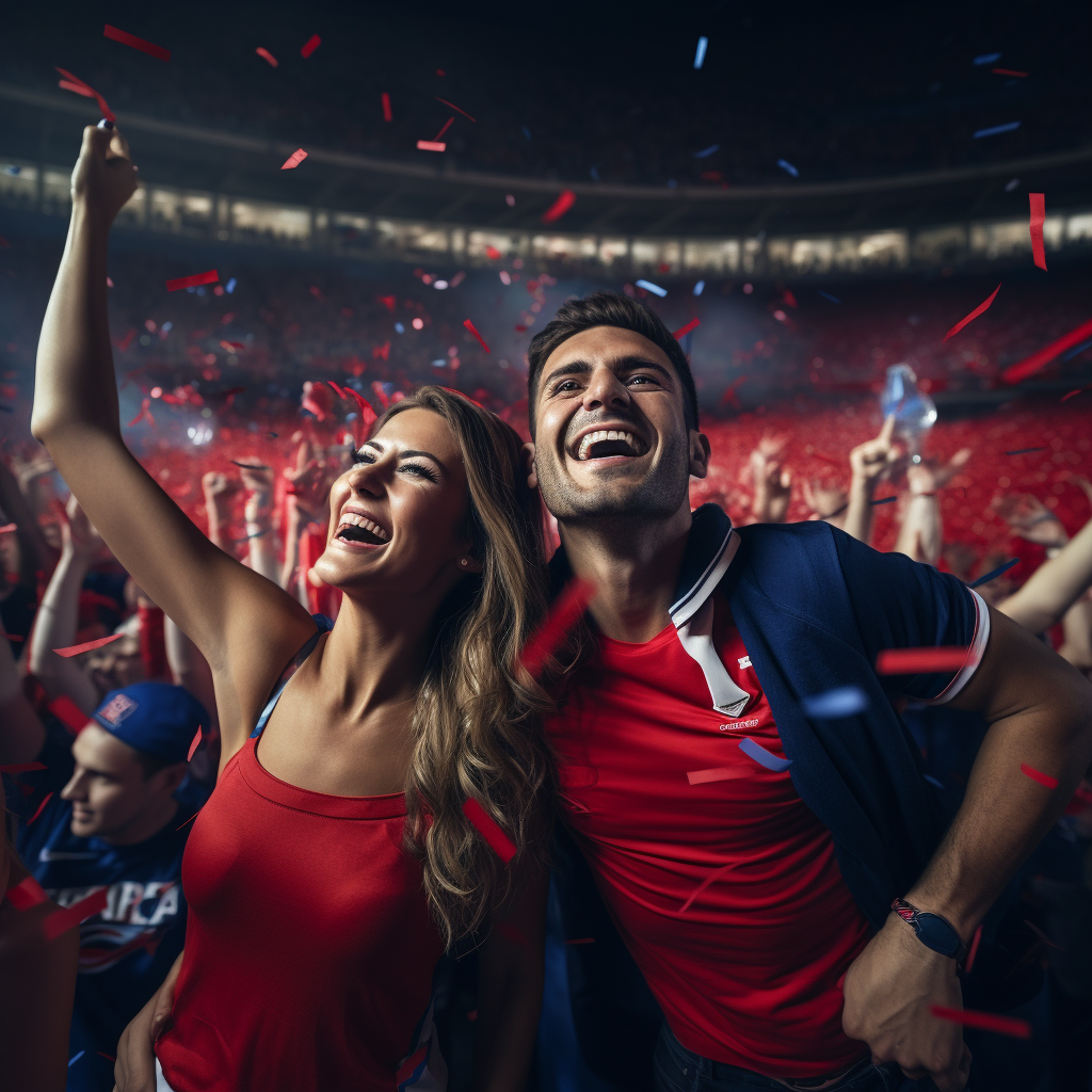 Group of people celebrating in a football stadium