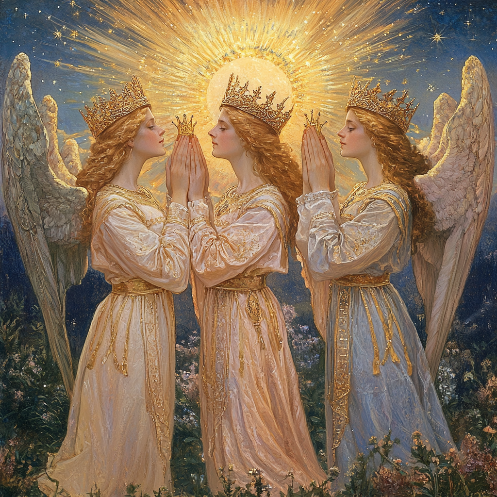 Ethereal angels giving golden crowns