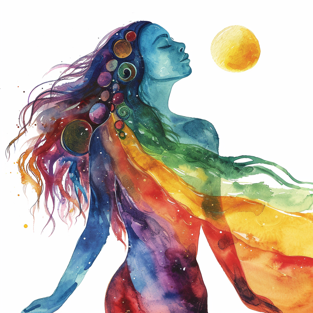 Watercolor Clipart of Celestial Goddess in Chakra Colors