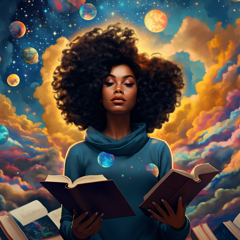 Beautiful black woman surrounded by celestial pop art books