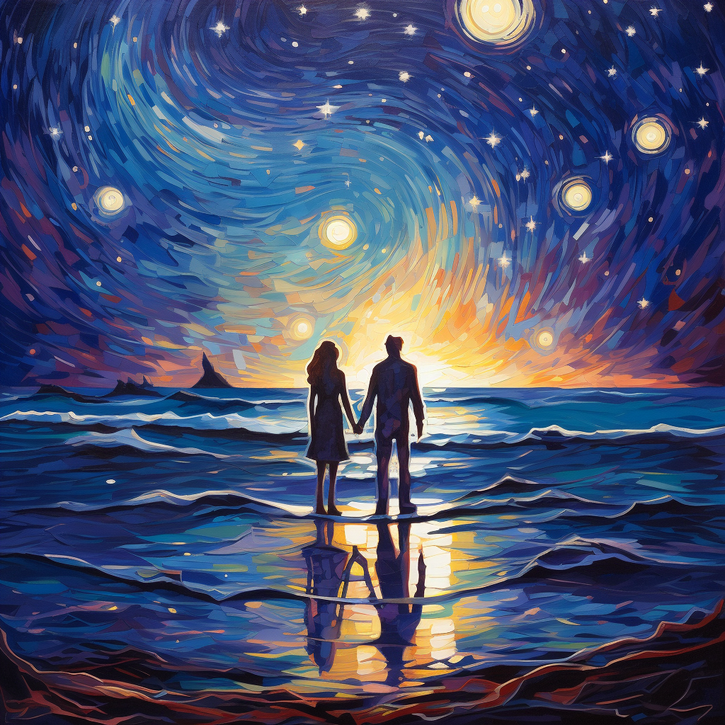 Man and woman on celestial beach with stars and planets