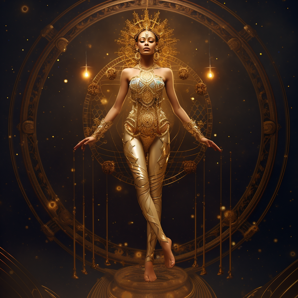 Beautiful astral goddess with gold jewelry