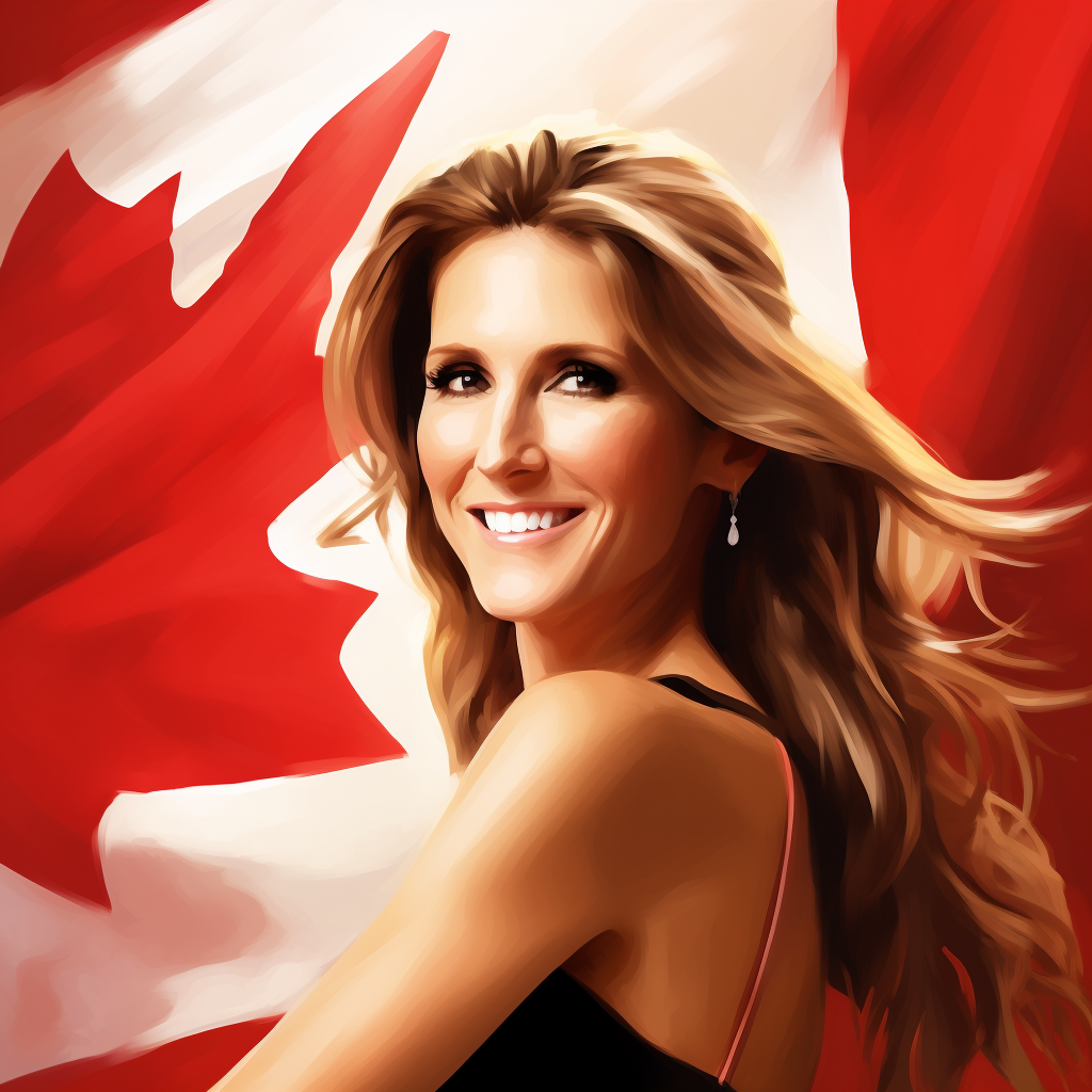 Celine Dion smiling in Canadian flag backdrop