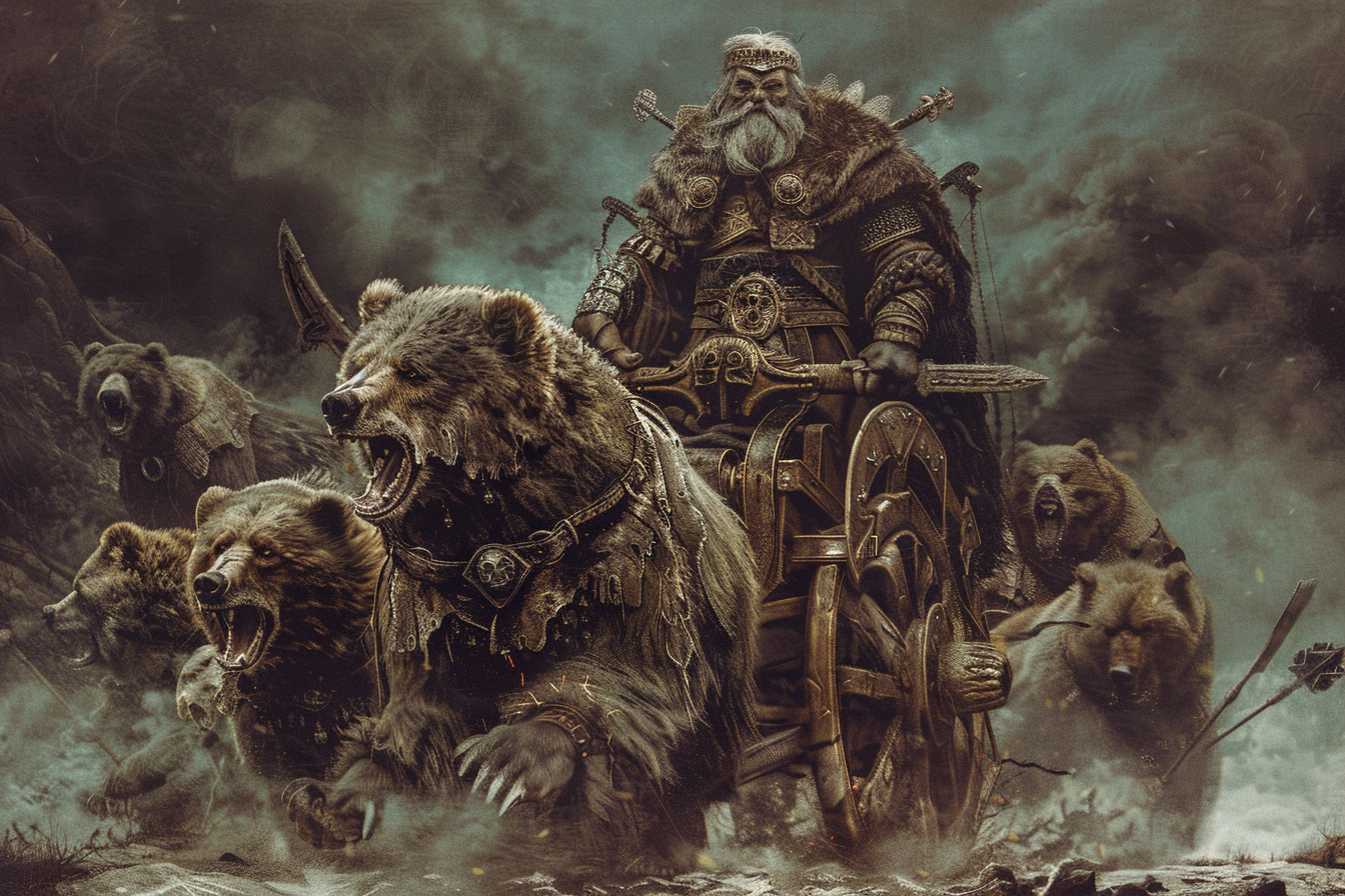 Celtic King on Chariot with Grizzly Bears