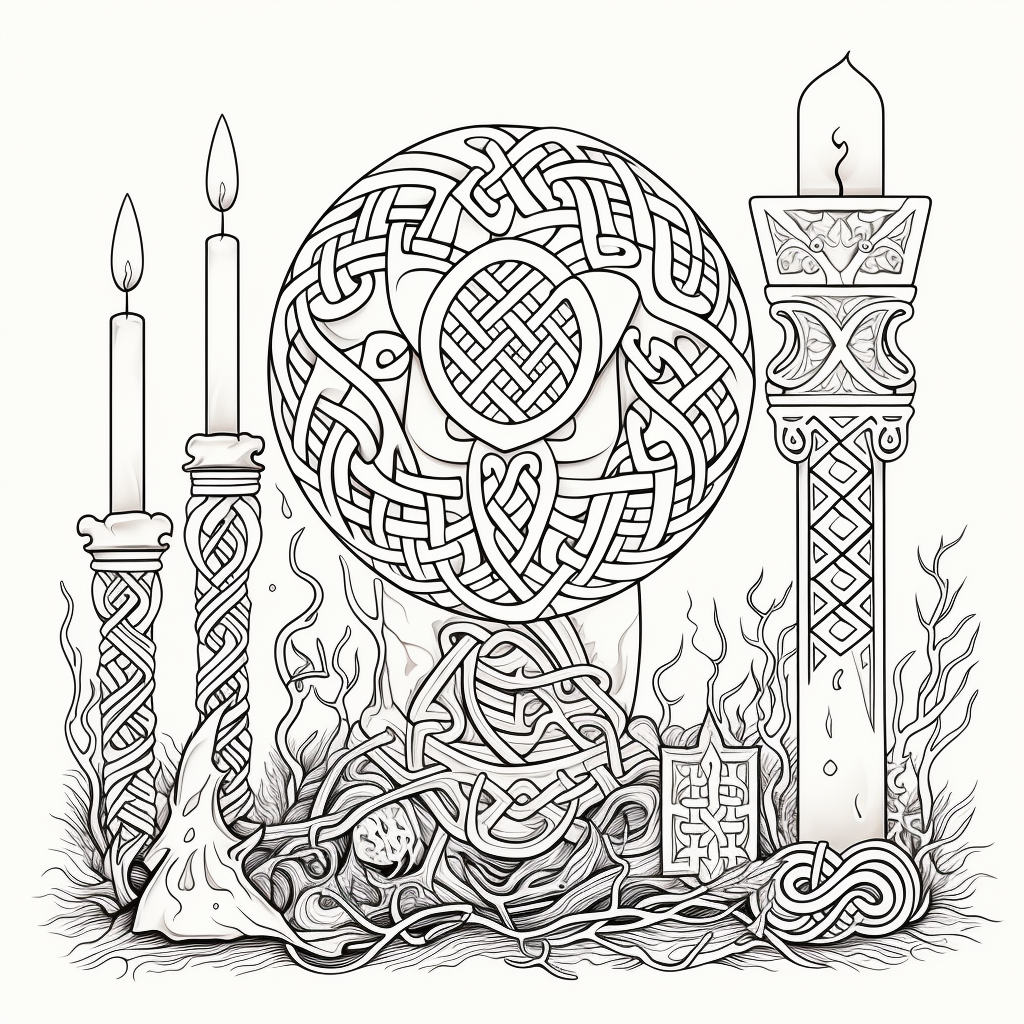 Celtic Samhain adult coloring page with traditional symbols