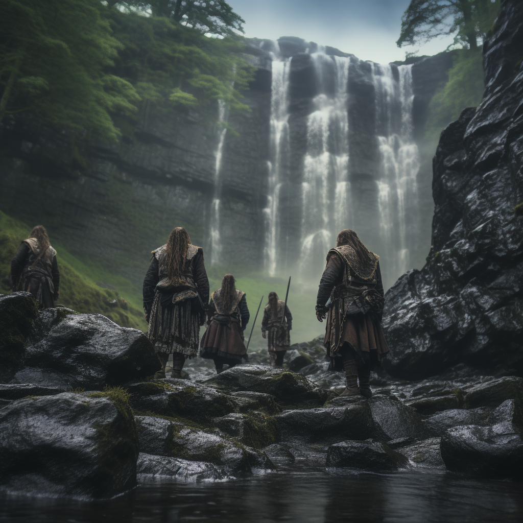 Real Celtic savages at a waterfall