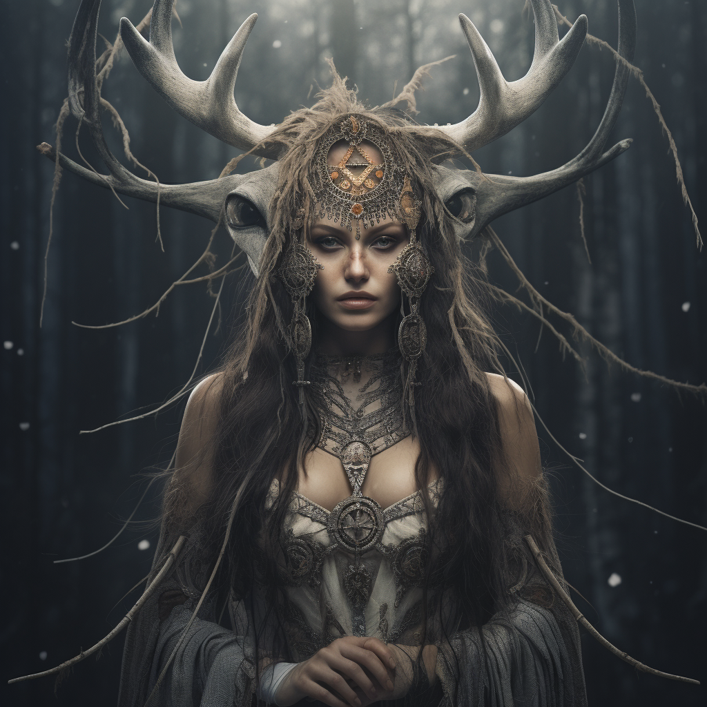 Celtic shamanistic goddess with antlers, bones, and a wolf