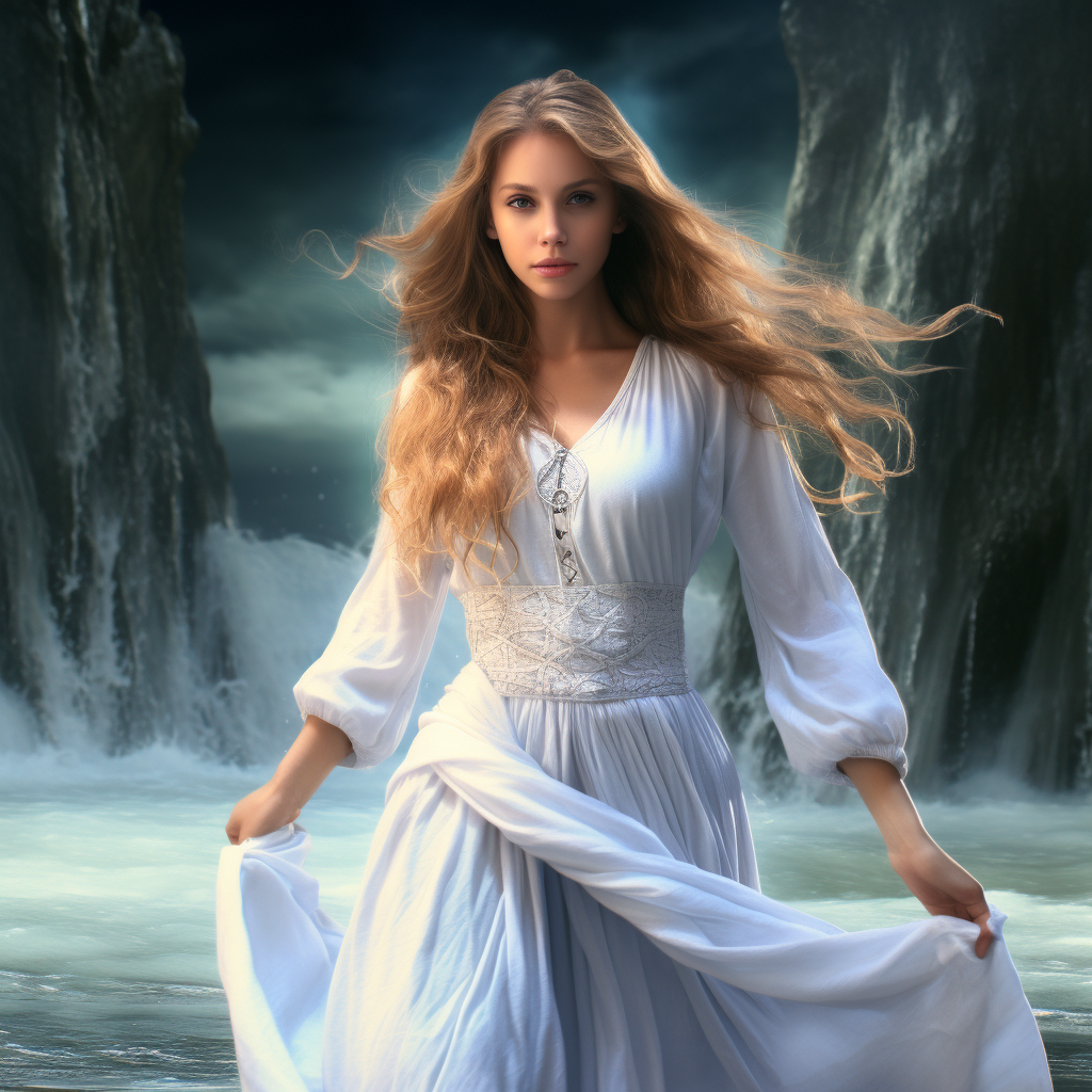 Celtic woman controlling water in white clothes