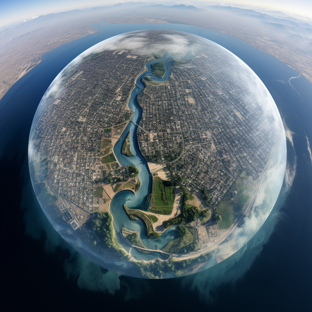 Hyperealistic photo of rivers merging at center bubble