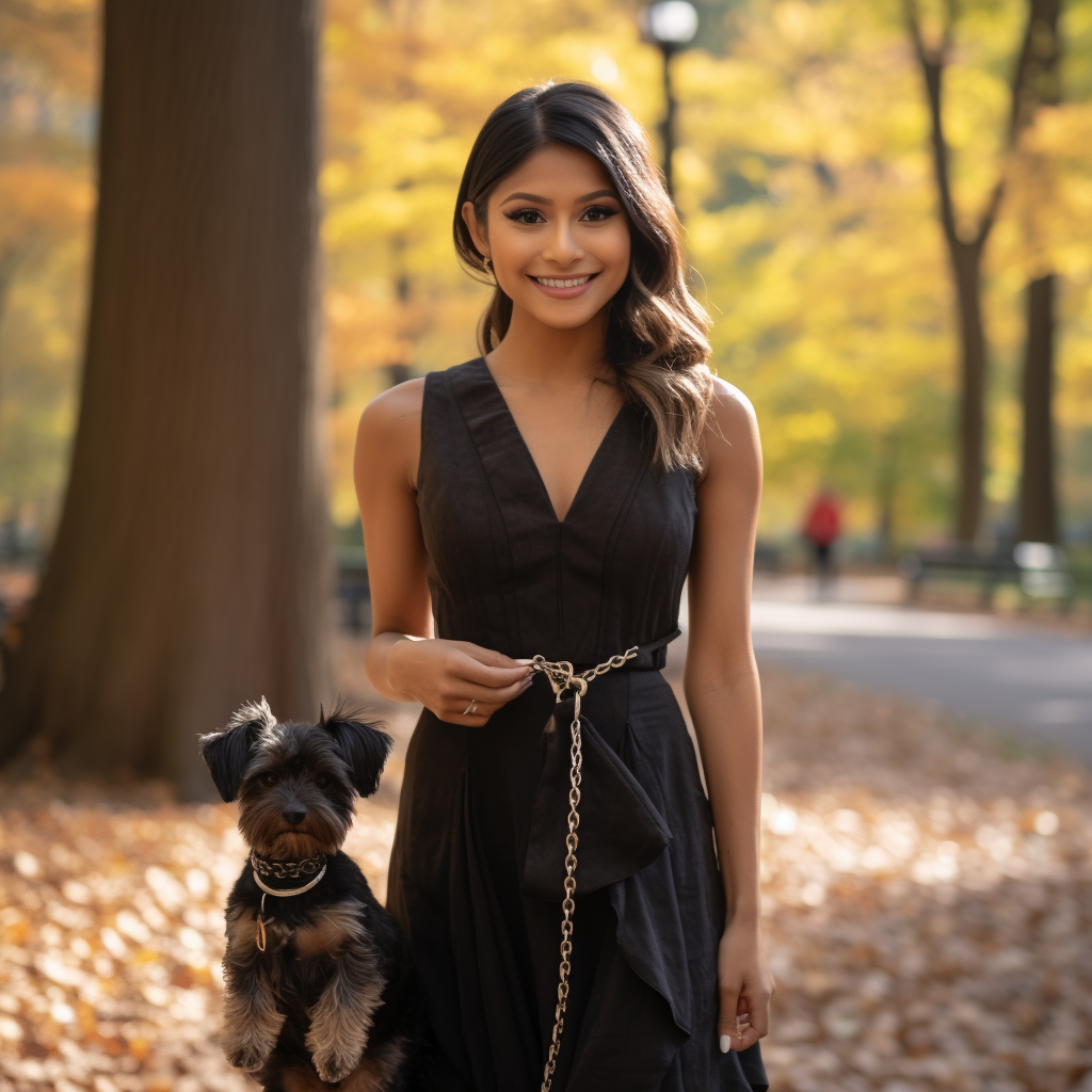 Smiling woman holding leash to Yorkie dog in Central Park