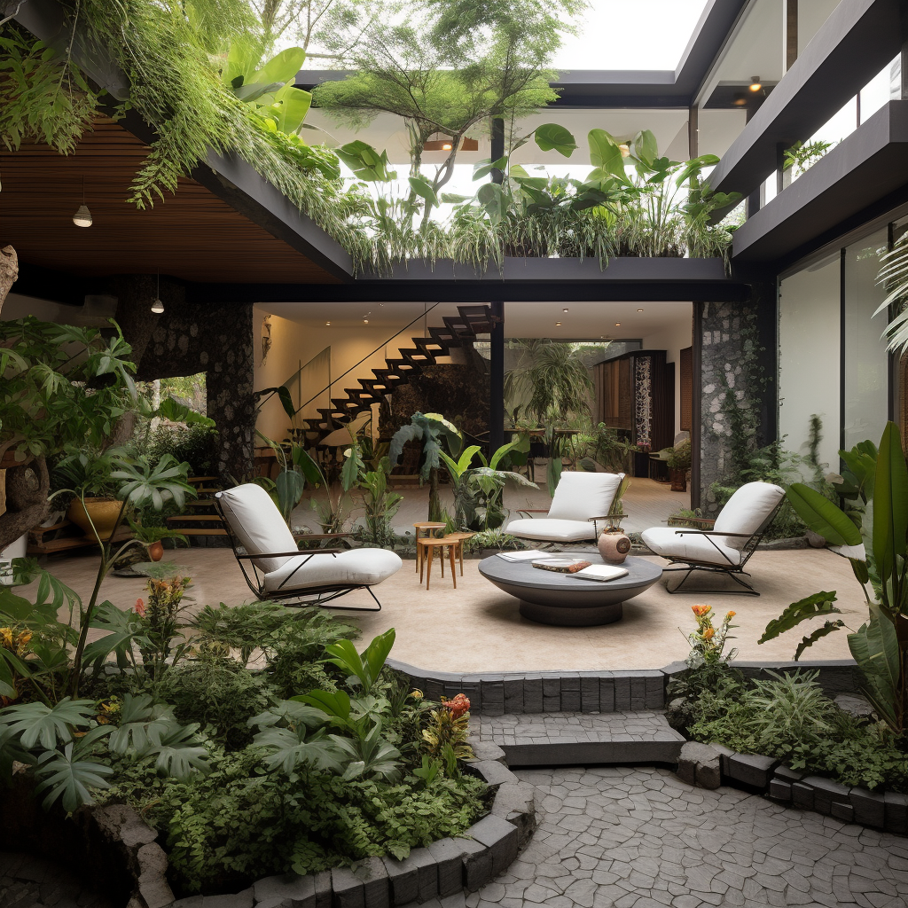 Central patio with natural materials and modern elements