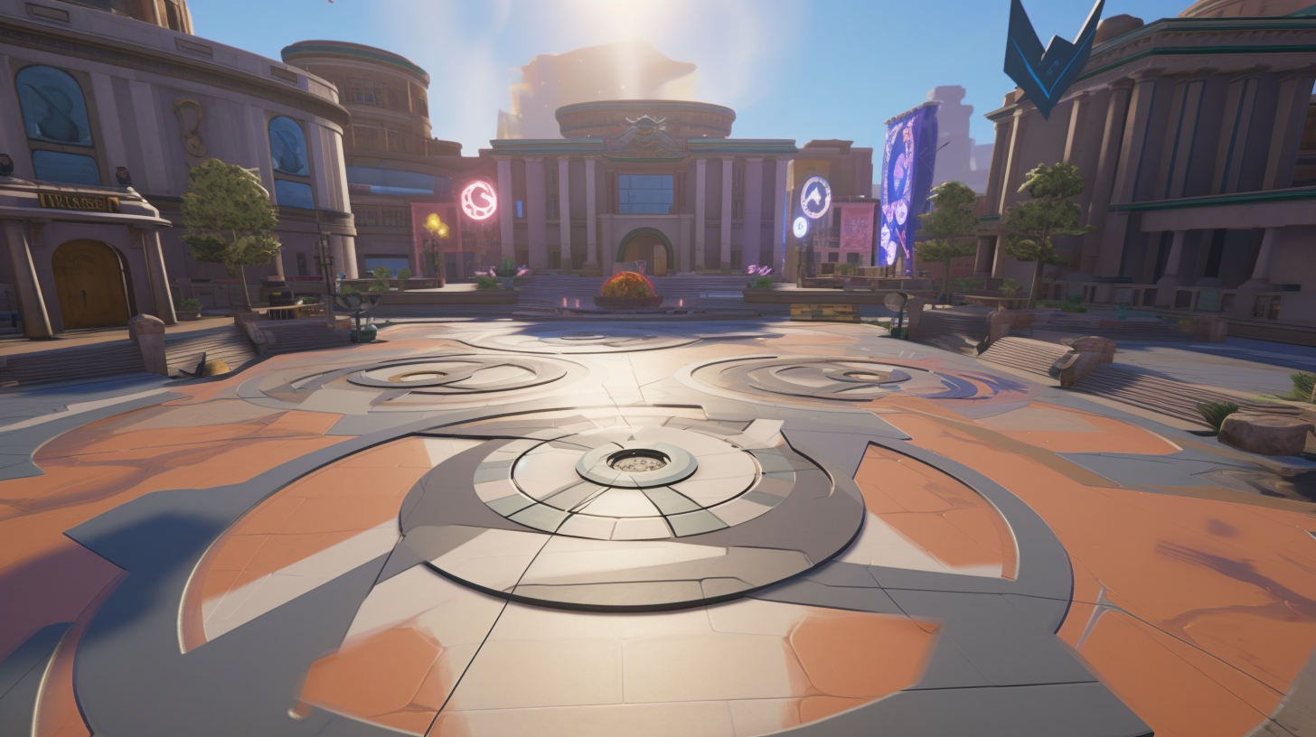 Graphic-style central plaza with portals in diverse multiverses