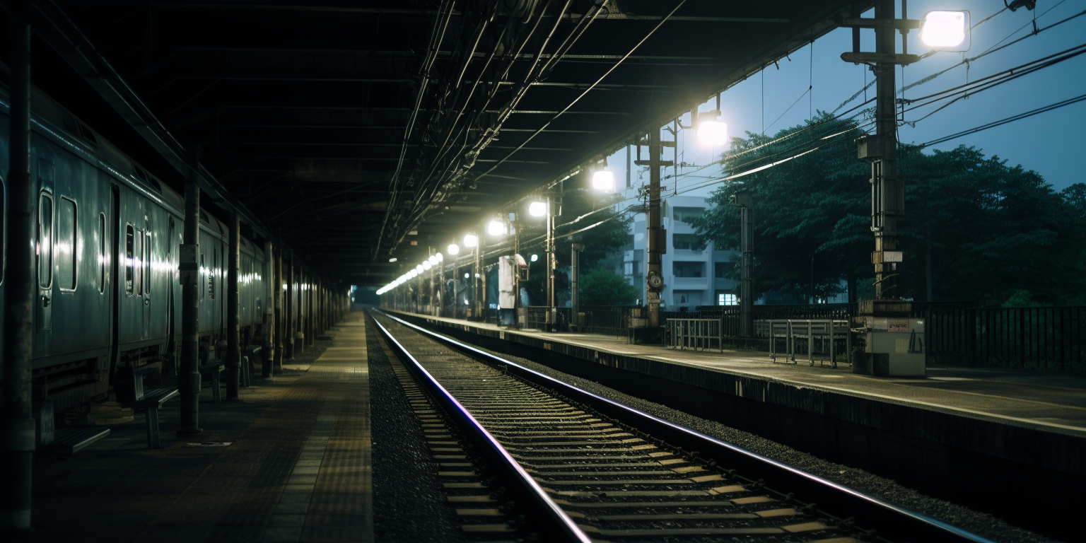 Photorealistic shot of central metal platform with bright lights