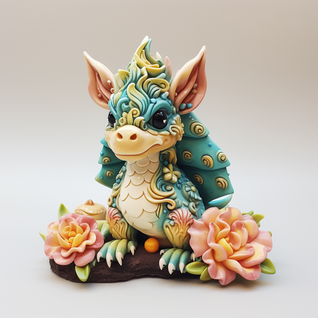 Adorable ceramic dragon with floral and cone embellishments