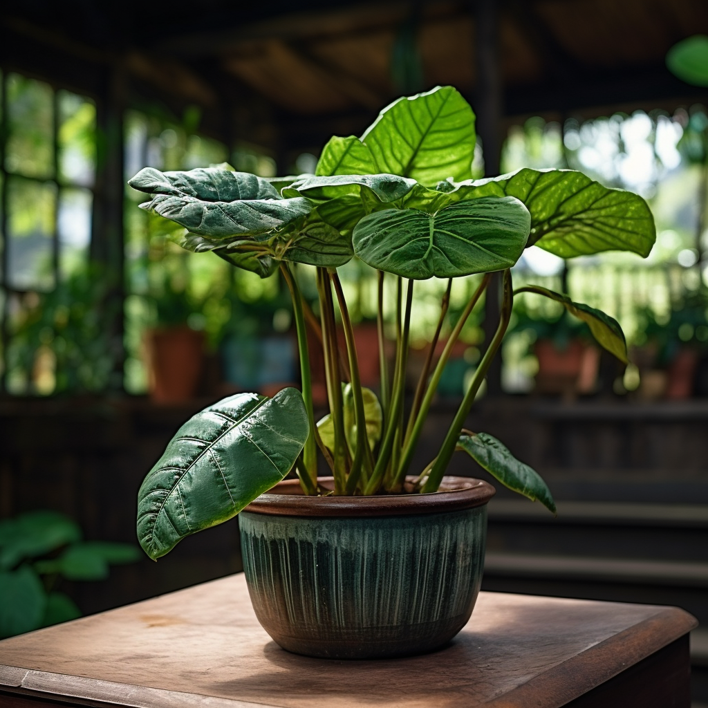 Realistic photo of a ceramic flower pot with Alocasia